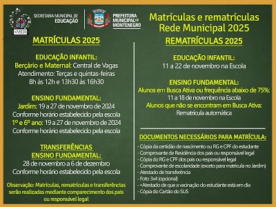 Matrículas e rematrículas na rede municipal iniciam segunda-feira