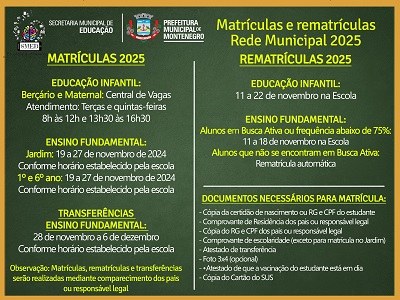 Matrículas e rematrículas na rede municipal iniciam segunda-feira