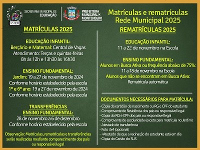 Matrículas e rematrículas na rede municipal iniciam segunda-feira