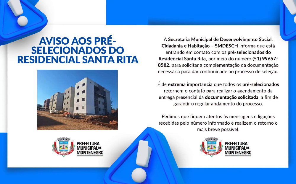 Prefeitura está telefonando para selecionados ao Residencial Santa Rita 1