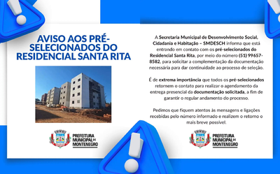 Prefeitura está telefonando para selecionados ao Residencial Santa Rita 1